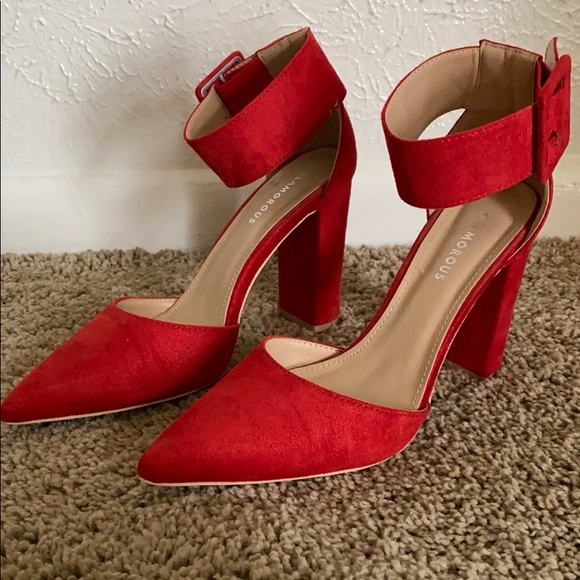 Red Ankle Strap Chunky Heels - Picture 2 of 4